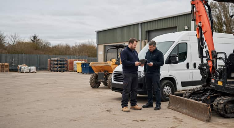 Business people reviewing equipment and vehicle finance details at a commercial yard