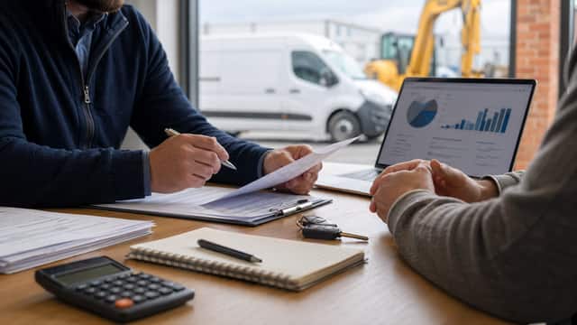 Business owners reviewing asset finance details